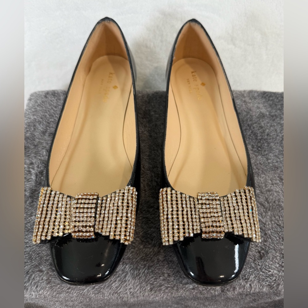 Kate Spade black patent bow rhinestone Block Heel Size 7.5